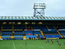 KILMARNOCK, SCOTLAND - NOVEMBER 01: General view inside the stadium as Rangers players warm up prior to the Ladbrokes Scottish Premiership match between Kilmarnock and Rangers at Rugby Park on November 01, 2020 in Kilmarnock, Scotland. Sporting stadiums around the UK remain under strict restrictions due to the Coronavirus Pandemic as Government social distancing laws prohibit fans inside venues resulting in games being played behind closed doors. (Photo by Mark Runnacles/Getty Images)