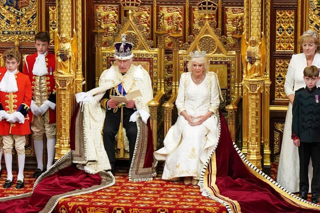 King Charles III reads the King's speech from The Sovereign's Throne in the House of Lords chamber, during the State Opening of Parliament, at the Houses of Parliament, in London, on November 7, 2023. Photo by Arthur EDWARDS / POOL / AFP.