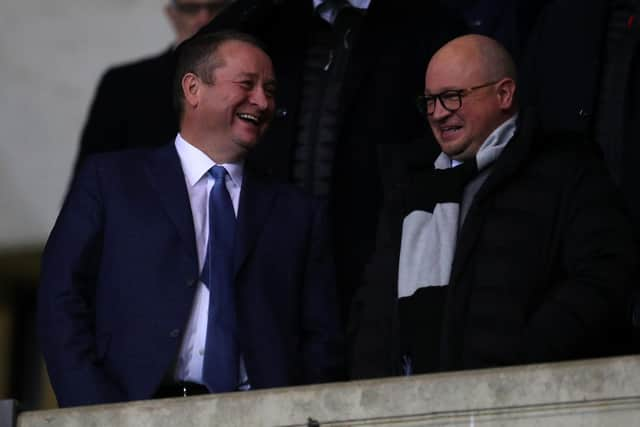 OXFORD, ENGLAND - FEBRUARY 04: Mike Ashley owner of Newcastle United talks to managing Directory Lee Charnley ahead of the FA Cup Fourth Round Replay match between Oxford United and Newcastle United at Kassam Stadium on February 04, 2020 in Oxford, England. (Photo by Catherine Ivill/Getty Images)