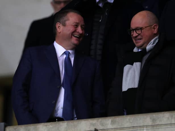 OXFORD, ENGLAND - FEBRUARY 04: Mike Ashley owner of Newcastle United talks to managing Directory Lee Charnley ahead of the FA Cup Fourth Round Replay match between Oxford United and Newcastle United at Kassam Stadium on February 04, 2020 in Oxford, England. (Photo by Catherine Ivill/Getty Images)