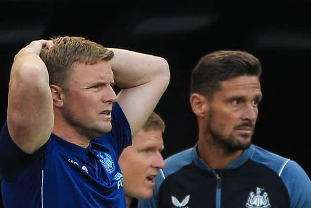 Newcastle United head coach Eddie Howe reacts during the club's 3-3 draw against Manchester City.