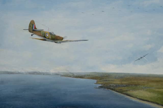 "The Lone Wolf" showing Fl Lt Eric Lock DSO, DFC and Bar from No. 41 Squadron based at Catterick stalking and eventually shooting down a German Me Bf 110 fighter bomber over Seaham.