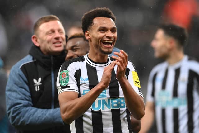 NEWCASTLE UPON TYNE, ENGLAND - JANUARY 31: Jacob Murphy (c) and team mates celebrate victory after the Carabao Cup Semi Final 2nd Leg match between Newcastle United and Southampton at St James' Park on January 31, 2023 in Newcastle upon Tyne, England. (Photo by Stu Forster/Getty Images)