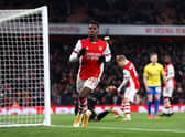 Arsenal striker Eddie Nketiah scoring against Sunderland in the Carabao Cup (Photo by Ryan Pierse/Getty Images)