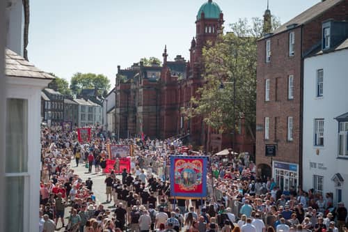 Colliery brass bands entertain crowds as they march through Durham during the 139th Durham Miners’ Gala on Saturday. Photo by Ian Forsyth/Getty Images