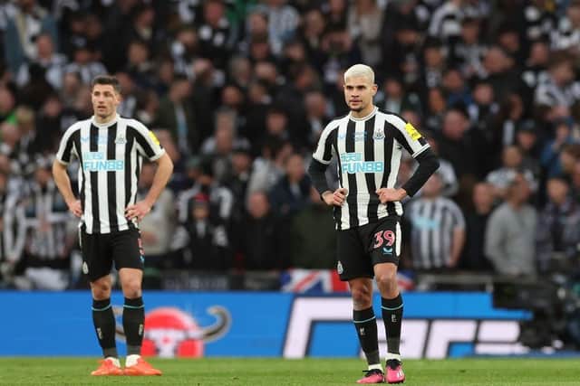 Bruno Guimaraes of Newcastle United looks dejected after the Manchester United second goal during the Carabao Cup Final match between Manchester United and Newcastle United at Wembley Stadium on February 26, 2023 in London, England. (Photo by Julian Finney/Getty Images)