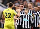 Newcastle United defender Sven Botman, second left, with team-mates Nick Pope, Kieran Trippier, Dan Burn and Fabian Schar.