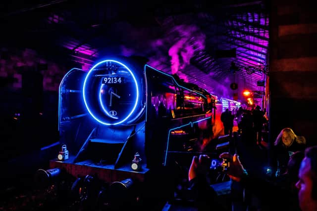 The North Yorkshire Moors Railway - Light Spectacular Express, covered with thousands of colourful lights at Pickering Station, North Yorkshire. Picture by James Hardisty.