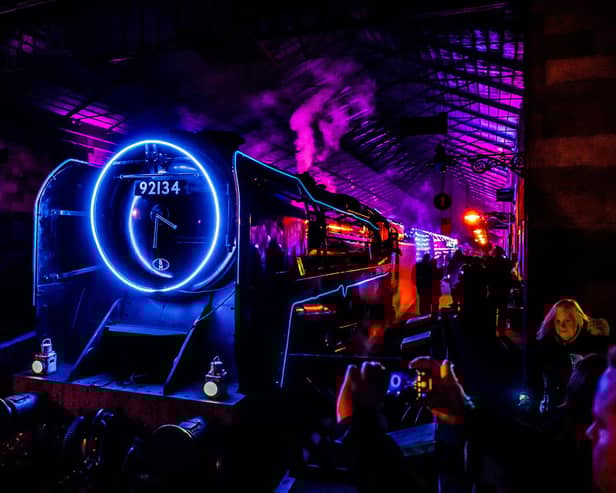 The North Yorkshire Moors Railway - Light Spectacular Express, covered with thousands of colourful lights at Pickering Station, North Yorkshire. Picture by James Hardisty.