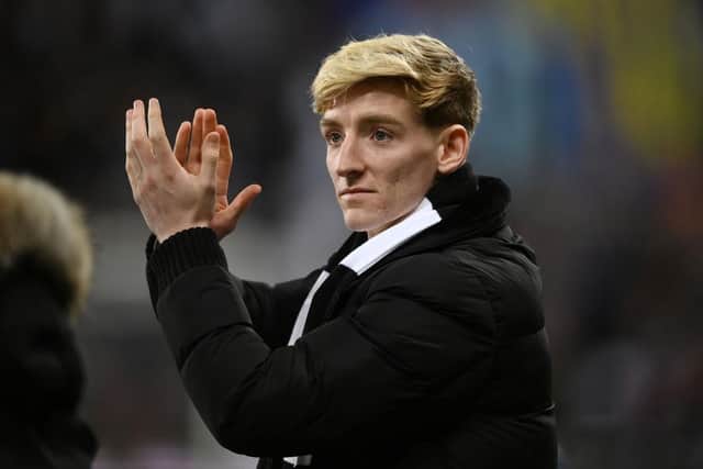 Newcastle United signing Anthony Gordon applauds the fans as he is presented prior to the Carabao Cup Semi Final 2nd Leg match between Newcastle United and Southampton at St James' Park on January 31, 2023 in Newcastle upon Tyne, England. (Photo by Gareth Copley/Getty Images)