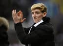 Newcastle United signing Anthony Gordon applauds the fans as he is presented prior to the Carabao Cup Semi Final 2nd Leg match between Newcastle United and Southampton at St James' Park on January 31, 2023 in Newcastle upon Tyne, England. (Photo by Gareth Copley/Getty Images)
