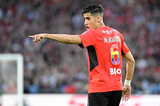 Rennes Moroccan defender Nayef Aguerd gestures during the French L1 football match between Stade Rennais FC and Olympique de Marseille at The Roazhon Park Stadium in Rennes, western France on May 14, 2022. (Photo by DAMIEN MEYER/AFP via Getty Images)