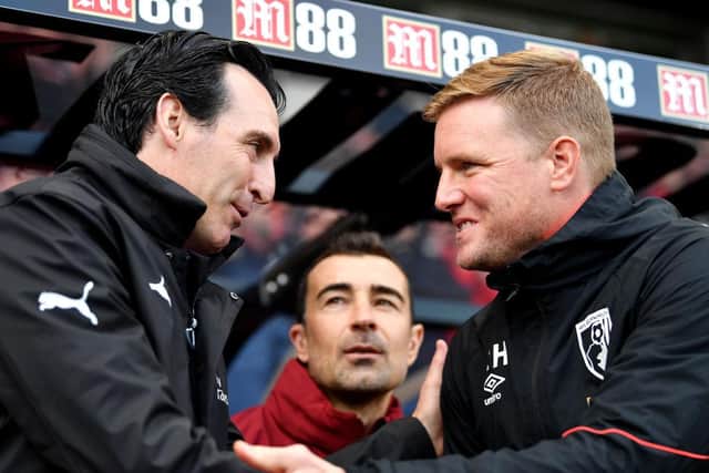Unai Emery (left) and Eddie Howe (right). (Photo by Dan Mullan/Getty Images)