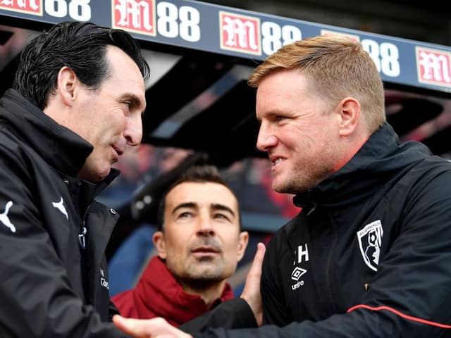 Unai Emery (left) and Eddie Howe (right). (Photo by Dan Mullan/Getty Images)