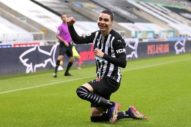 Miguel Almiron celebrates his goal.