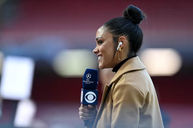 Alex Scott reacts prior to the UEFA Champions League Quarter Final Second Leg match between Liverpool FC and Real Madrid at Anfield on April 14, 2021.