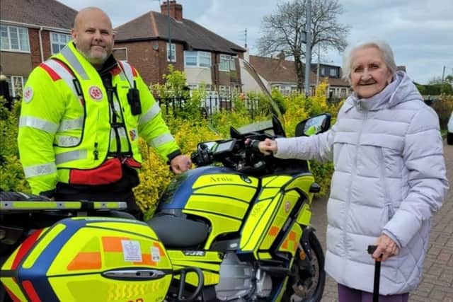 (from left) Richard Hooper, from Northumbria Blood Bikes, and Willowdene Care Home resident Margaret Branch, 90.