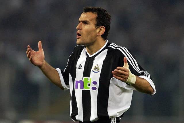 Nikos Dabizas of Newcastle United protests during the UEFA Champions League, Group E match on October 1, 2002 between Juventus and Newcastle United played at the Stadio Delle Alpi in Turin, Italy. Juventus won the match 2-0. (Photo by Phil Cole/Getty Images)