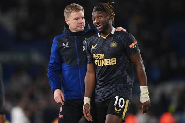 Newcastle United Eddie Howe embraces Allan Saint-Maximin at Elland Road in January.