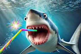 Fins can only get, erm, worse. A shark's eye view of the 'exploding' straw crisis. Image created by AI.
