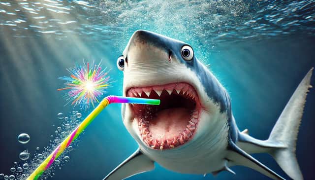 Fins can only get, erm, worse. A shark's eye view of the 'exploding' straw crisis. Image created by AI.