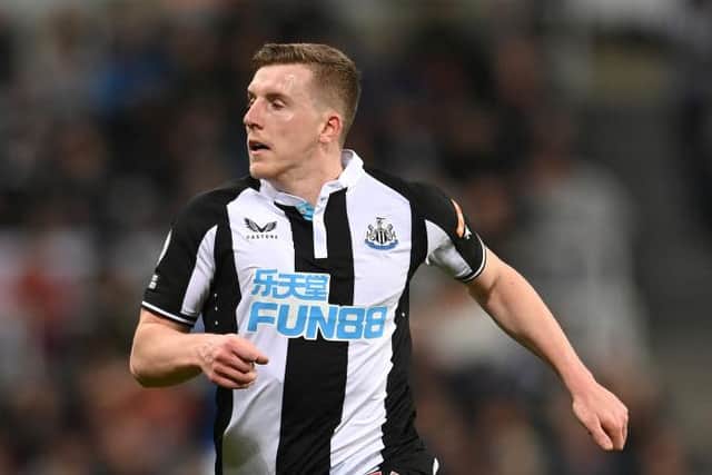 Newcastle full back Matt Targett in action on his league debut during the Premier League match between Newcastle United  and  Everton at St. James Park on February 08, 2022 in Newcastle upon Tyne, England. (Photo by Stu Forster/Getty Images)