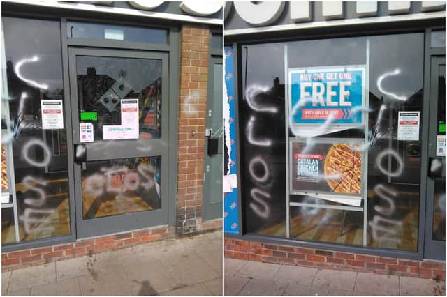 The graffiti, which says 'close', on the Domino's in South Shields .