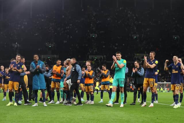 Newcastle United players applaud the fans after their sides victory during the Premier League match between Tottenham Hotspur and Newcastle United at Tottenham Hotspur Stadium on October 23, 2022 in London, England. (Photo by Julian Finney/Getty Images)