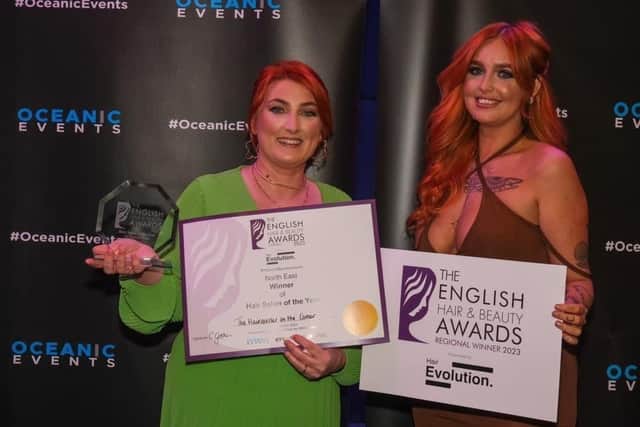 The Hairdresser on the Corner owner Sinead Clayton (left) and Lauren Jenkyns at the awards ceremony. Photo: English Hair & Beauty Awards.