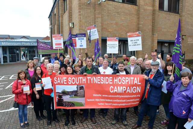 A demonstration at the first public consultation over proposals for change at South Tyneside Hospital in 2017