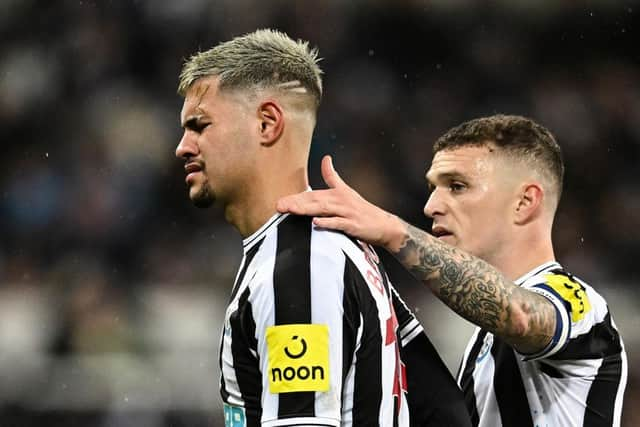 Newcastle United midfielder Bruno Guimaraes reacts to his dismissal last month.