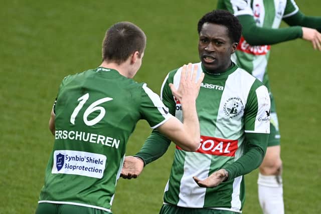 Lommel's Marlos Moreno celebrates after scoring during a soccer match between SK Lommel and Westerlo, Sunday 14 March 2021 in Lommel, on day 23 of the 'Proximus League' 1B second division of the Belgian championship. BELGA PHOTO YORICK JANSENS (Photo by YORICK JANSENS/BELGA MAG/AFP via Getty Images)