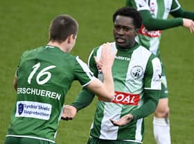 Lommel's Marlos Moreno celebrates after scoring during a soccer match between SK Lommel and Westerlo, Sunday 14 March 2021 in Lommel, on day 23 of the 'Proximus League' 1B second division of the Belgian championship. BELGA PHOTO YORICK JANSENS (Photo by YORICK JANSENS/BELGA MAG/AFP via Getty Images)
