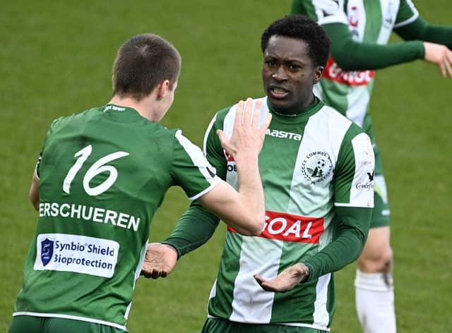Lommel's Marlos Moreno celebrates after scoring during a soccer match between SK Lommel and Westerlo, Sunday 14 March 2021 in Lommel, on day 23 of the 'Proximus League' 1B second division of the Belgian championship. BELGA PHOTO YORICK JANSENS (Photo by YORICK JANSENS/BELGA MAG/AFP via Getty Images)
