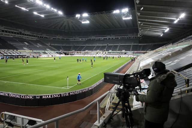 NEWCASTLE UPON TYNE, ENGLAND - FEBRUARY 27: A general view inside the stadium prior to the Premier League match between Newcastle United and Wolverhampton Wanderers at St. James Park on February 27, 2021 in Newcastle upon Tyne, England. Sporting stadiums around the UK remain under strict restrictions due to the Coronavirus Pandemic as Government social distancing laws prohibit fans inside venues resulting in games being played behind closed doors. (Photo by Richard Sellers - Pool/Getty Images)