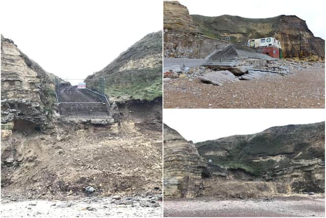 Top right, Marsden Bay steps before the project started. Left and bottom right, the now demolished steps as captured by reader Gary Rivers.