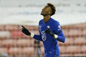 Chelsea's English striker Tammy Abraham celebrates after scoring the opening goal of the English FA Cup fifth round football match between Barnsley and Chelsea.