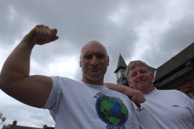 Graham Whalley was the man to reckon with in 2003, when he made a world record attempt for the most press-ups in an hour. Here he is with the manager of The Clock pub, Norman Scott.