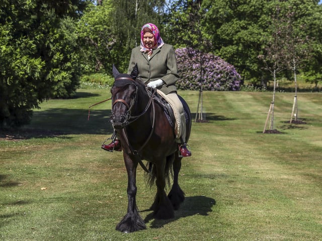 Queen Elizabeth II riding Balmoral Fern in Windsor Home Park. 31/05/20