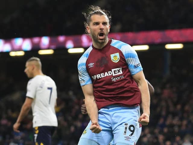 Burnley's English striker Jay Rodriguez celebrates after scoring their second goal during the English Premier League football match between Burnley and Everton at Turf Moor in Burnley, north west England on April 6, 2022. (Photo by LINDSEY PARNABY/AFP via Getty Images)