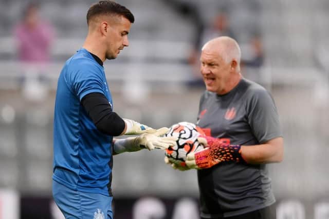 Newcastle United's Karl Darlow working with goalkeeping coach Simon Smith last season.
