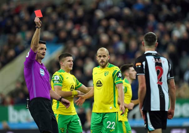 Newcastle United's Ciaran Clark is sent off.