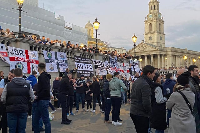 Newcastle United fans get their flags out at Trafalgar square