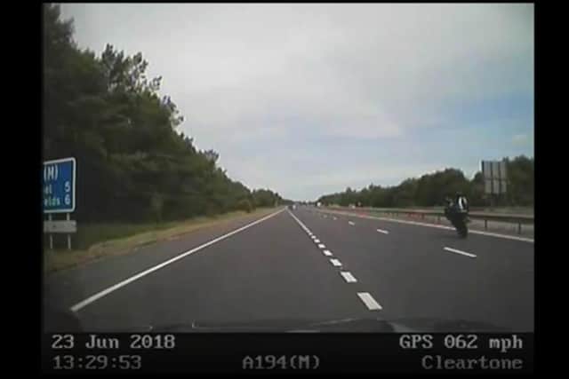 A motorcyclist was caught on camera doing a wheelie at 100mph in Gateshead.