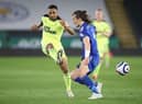 Newcastle United's English striker Callum Wilson (L) vies with Leicester City's Turkish defender Caglar Soyuncu during the English Premier League football match between Leicester City and Newcastle United at King Power Stadium in Leicester, central England on May 7, 2021.