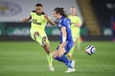 Newcastle United's English striker Callum Wilson (L) vies with Leicester City's Turkish defender Caglar Soyuncu during the English Premier League football match between Leicester City and Newcastle United at King Power Stadium in Leicester, central England on May 7, 2021.