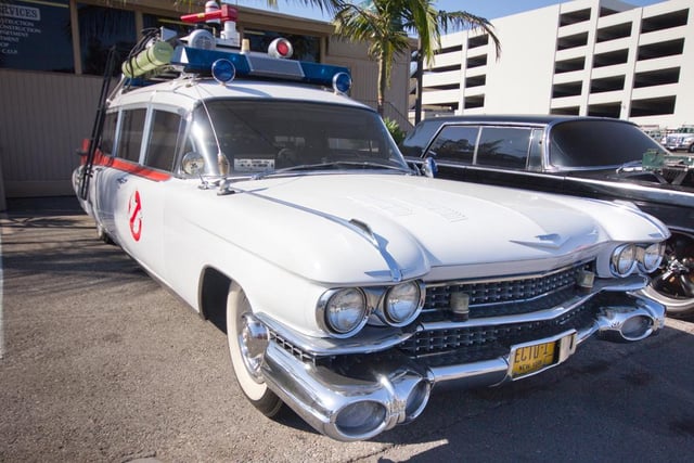 Ecto-1 or the Ectomobile from 1984's Ghostbusters. A 1959 Cadillac ambulance/hearse built by coachworkers Miller-Meteor