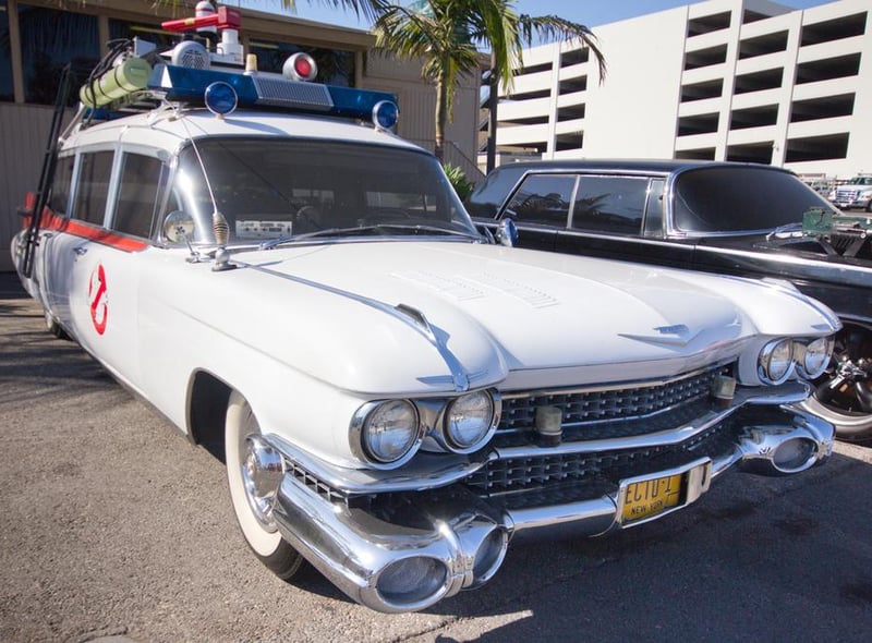 Ecto-1 or the Ectomobile from 1984's Ghostbusters. A 1959 Cadillac ambulance/hearse built by coachworkers Miller-Meteor