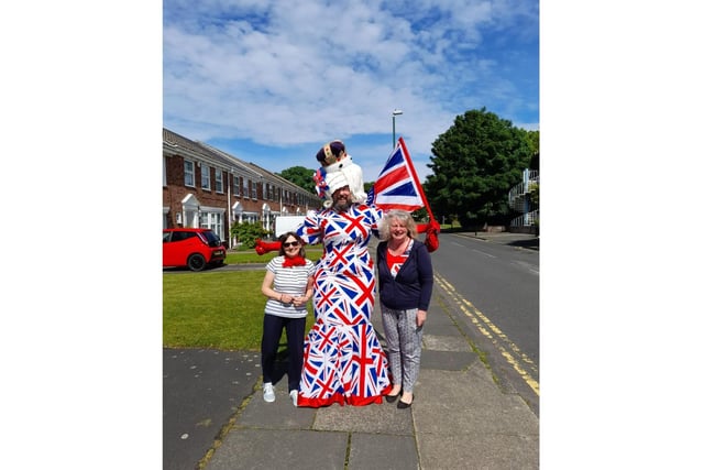 Susan Hogg and Karen Landsbury meet Big Pink Dress Man Colin Burgin-Plews and his Jubilee outfit
