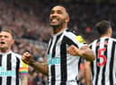 Newcastle striker Callum Wilson (c) celebrates after scoring his second goal during the Premier League match between Newcastle United and Aston Villa at St. James Park on October 29, 2022 in Newcastle upon Tyne, England. (Photo by Stu Forster/Getty Images)